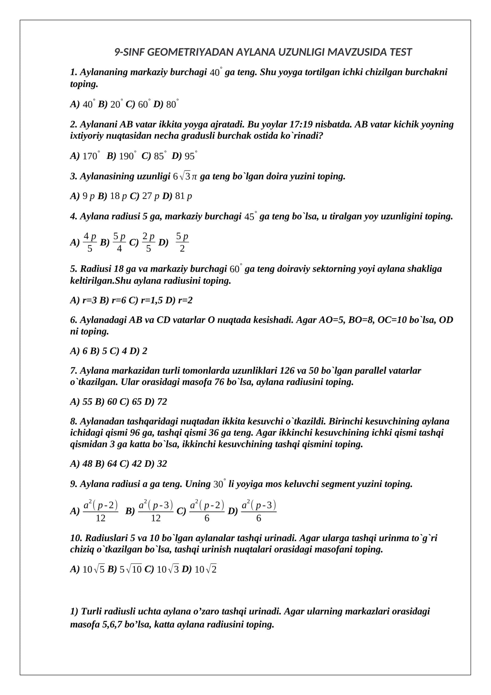 9-SINF GEOMETRIYADAN AYLANA UZUNLIGI