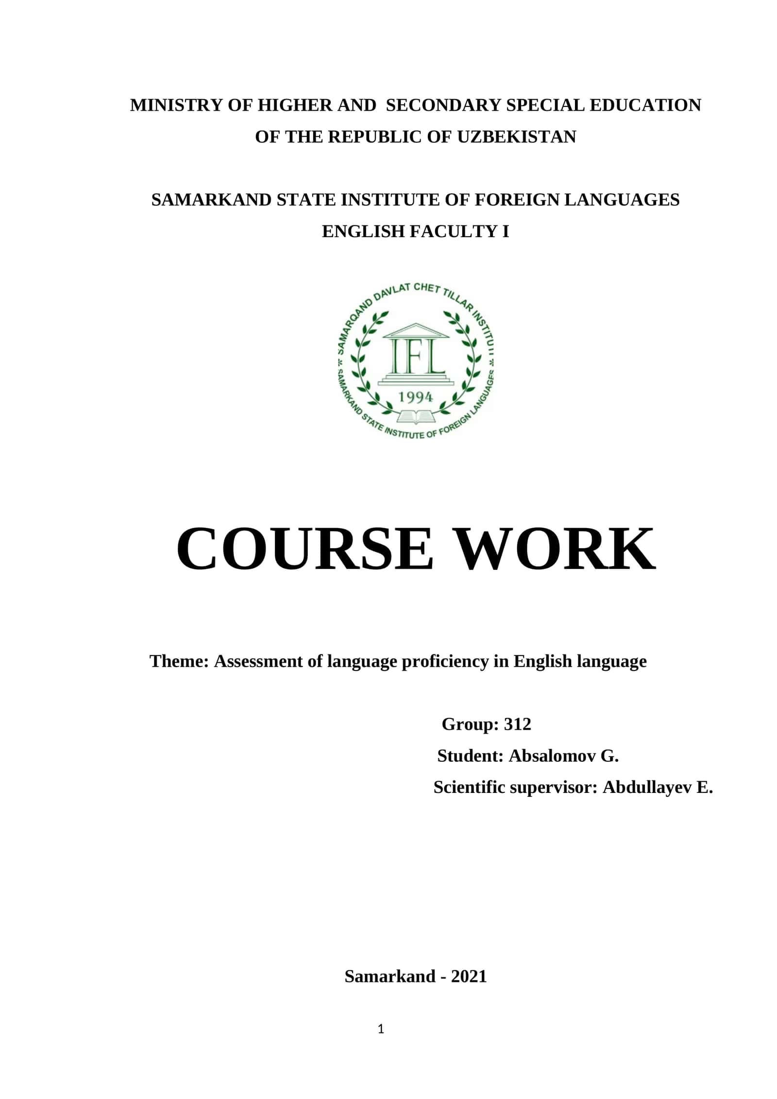 Course Work: Assessment of language proficiency in English language