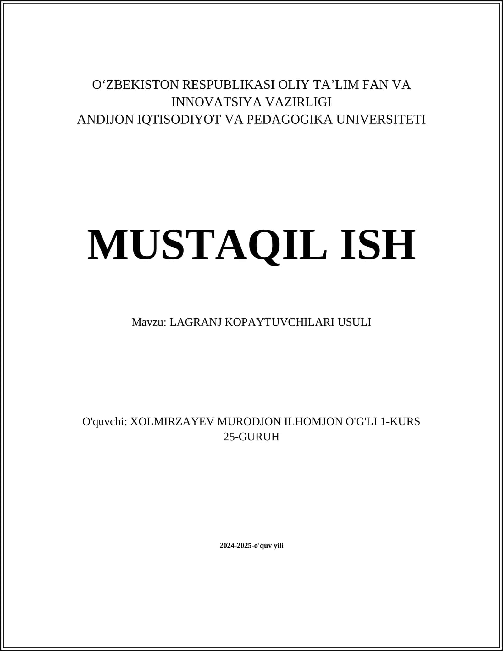 LAGRANJ KOPAYTUVCHILARI USULI