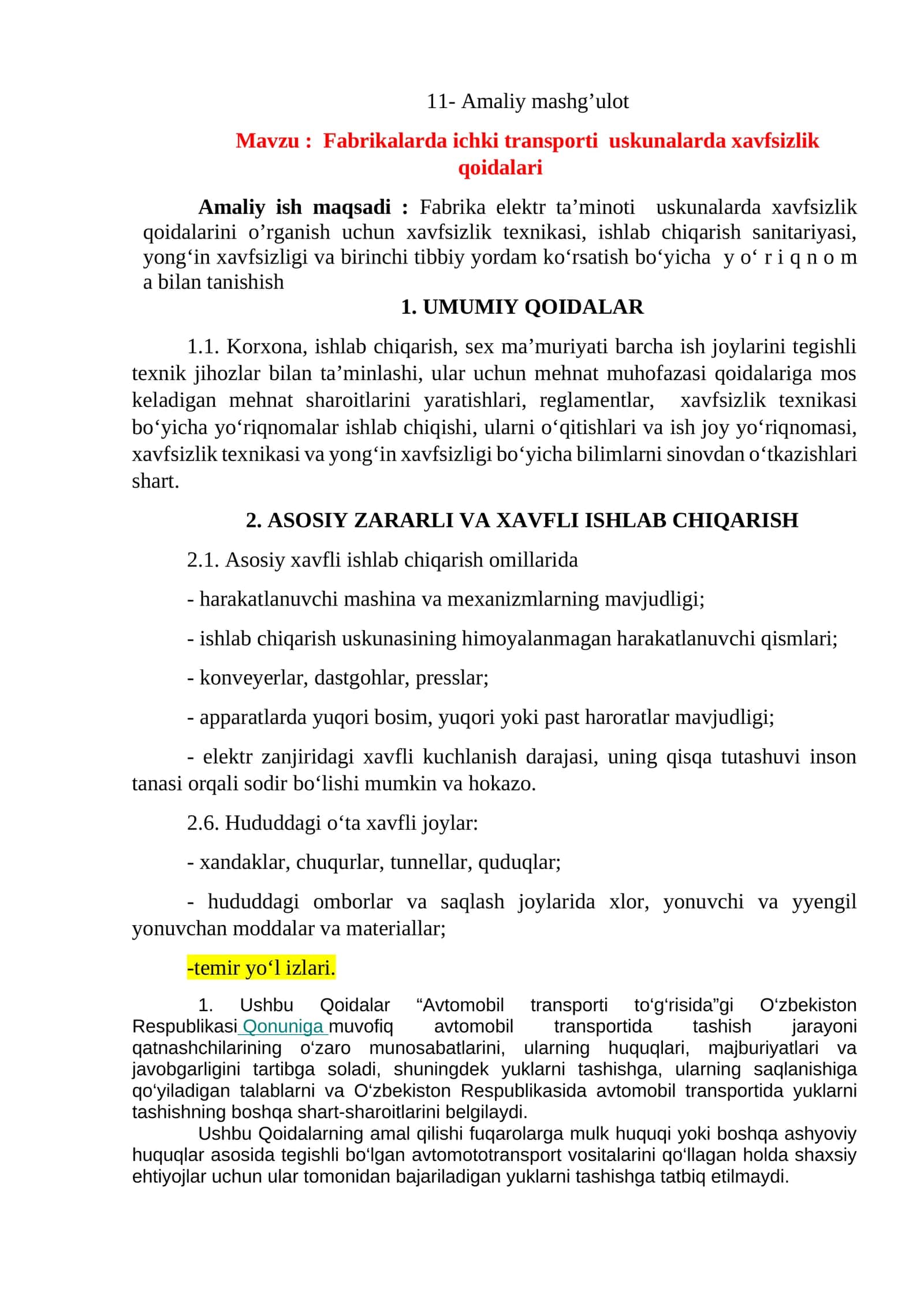 Fabrikalarda ichki transporti uskunalarda xavfsizlik qoidalari