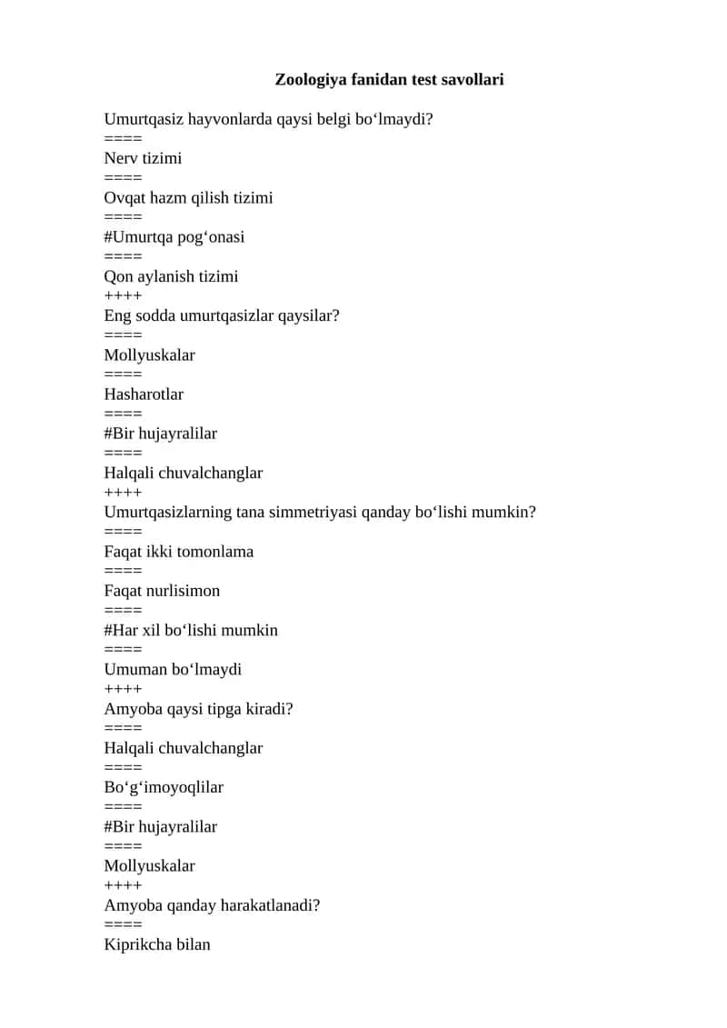 Zoologiya fanidan test savollari