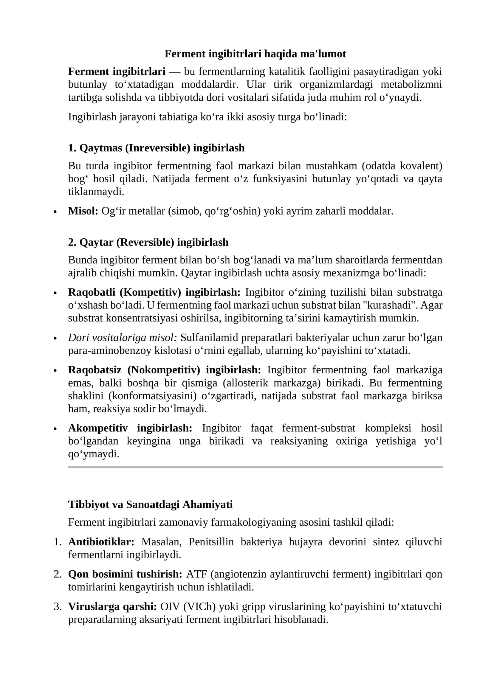Ferment ingibitrlari haqida ma'lumot