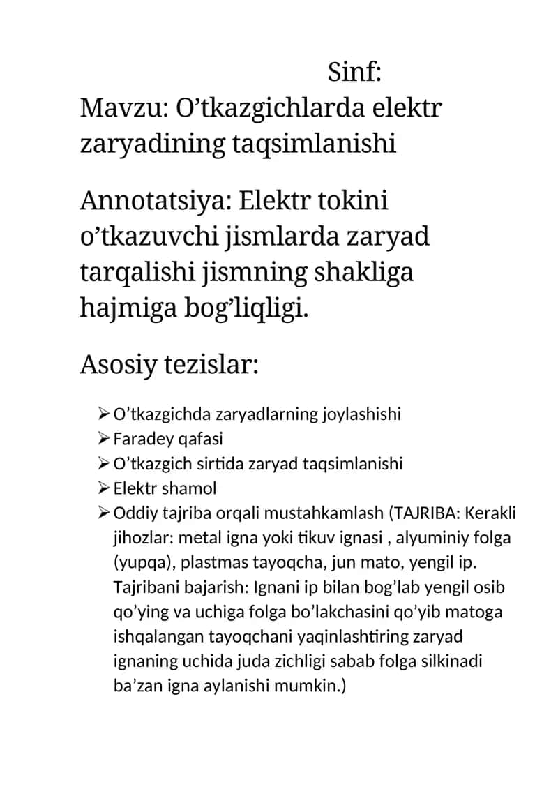 Tezis 8-sinf O’tkazgichlarda elektr zaryadining taqsimlanishi
