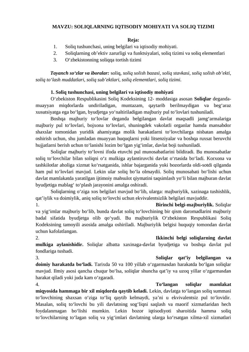 SOLIQLARNING IQTISODIY MOHIYATI VA SOLIQ TIZIMI