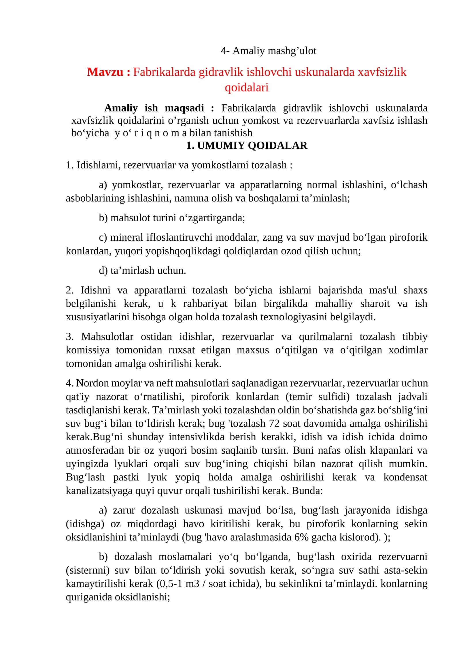 Fabrikalarda Gidravlik Ishlovchi Uskunalarda Xavfsizlik Qoidalari