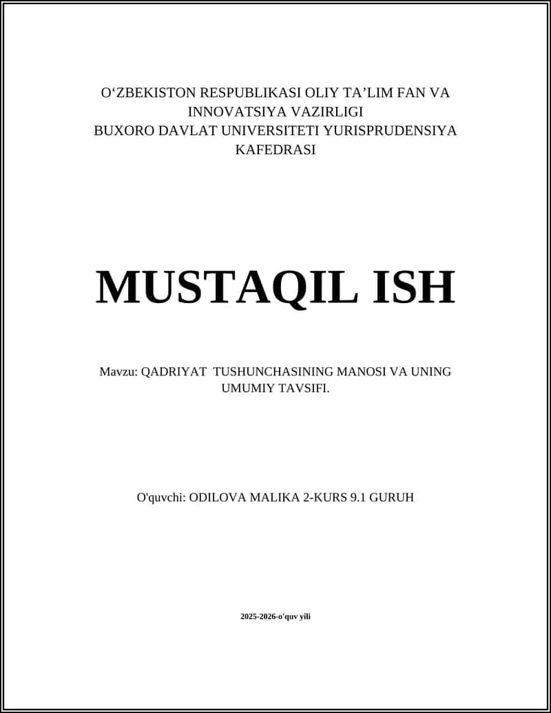 QADRIYAT TUSHUNCHASINING MANOSI VA UNING UMUMIY TAVSIFI