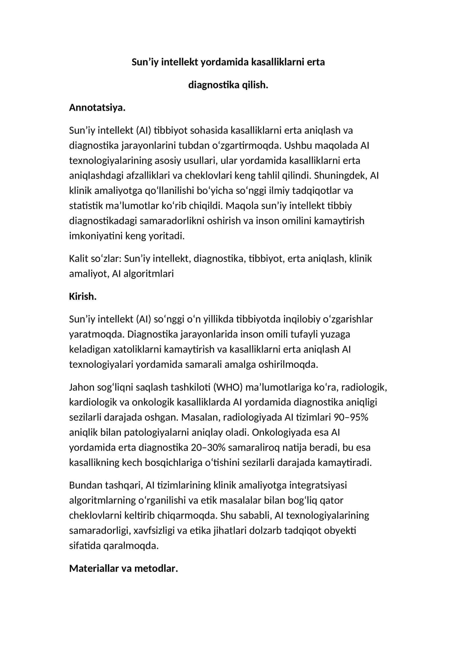 Sun’iy intellekt bilan kasalliklarni erta diagnostika qilish
