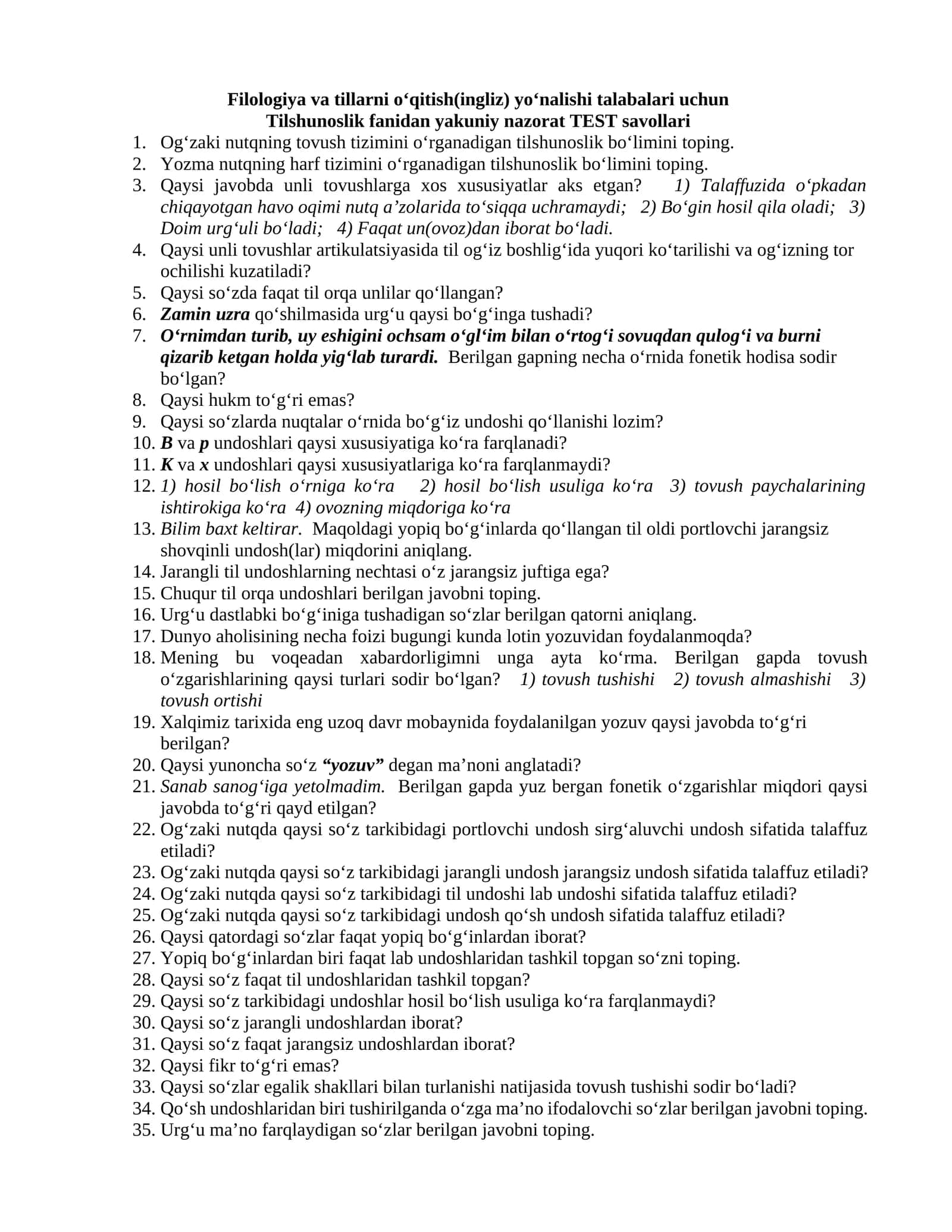 Tilshunoslik fanidan yakuniy nazorat TEST savollari
