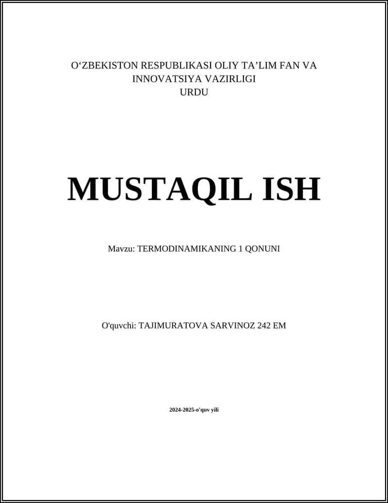 TERMODINAMIKANING 1 QONUNI