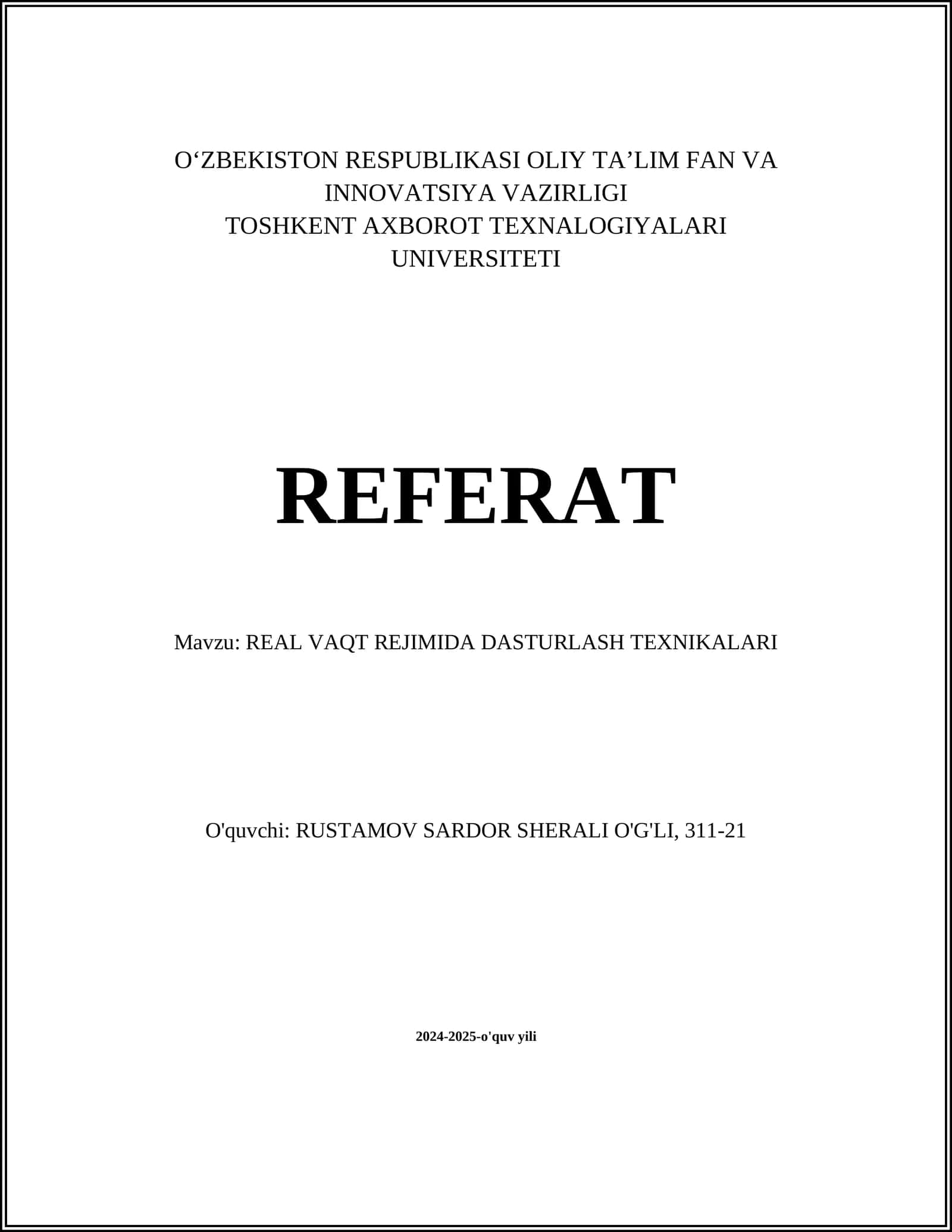 REAL VAQT REJIMIDA DASTURLASH TEXNIKALARI