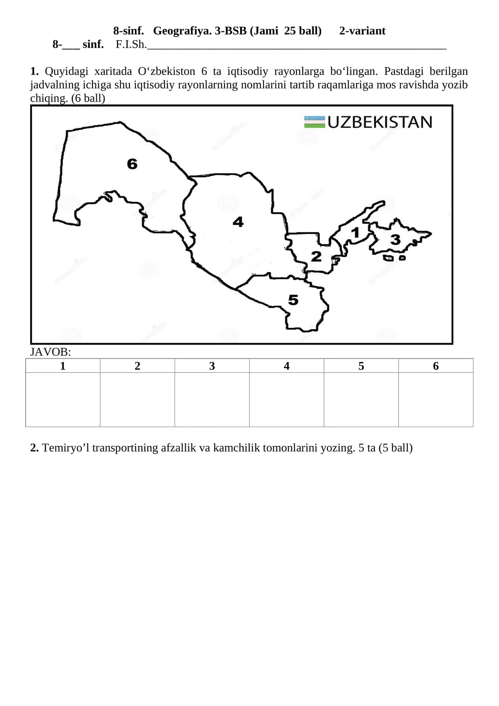 8-sinf. Geografiya. 3-BSB (Jami 25 ball) 2-variant