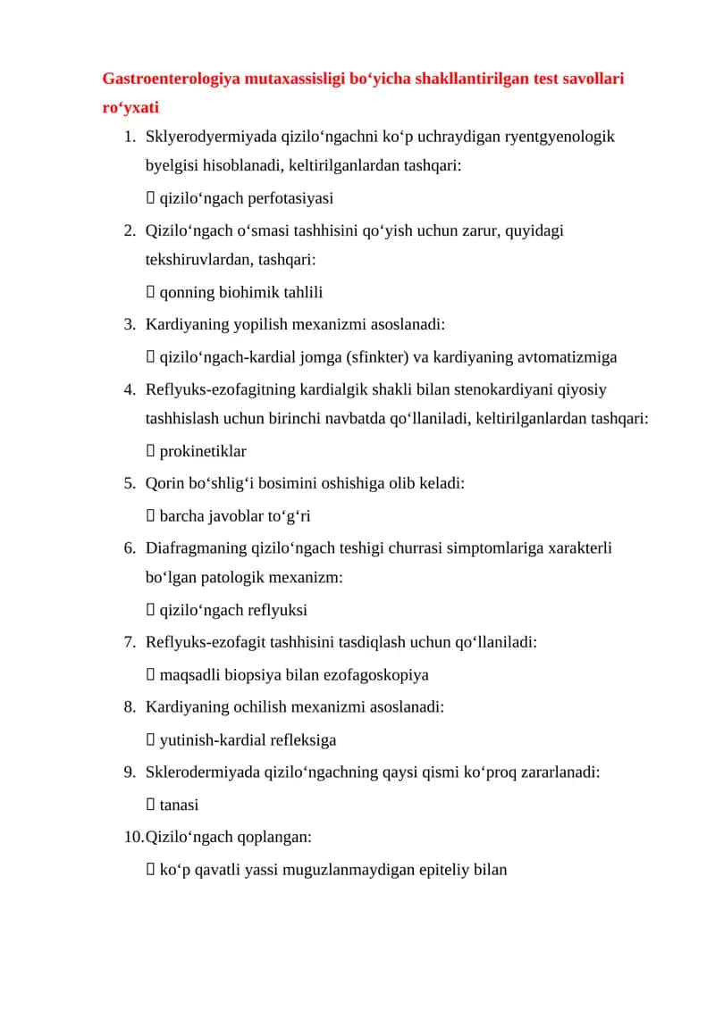 Gastroenterologiya mutaxassisligi boʻyicha shakllantirilgan test savollari roʻyxati