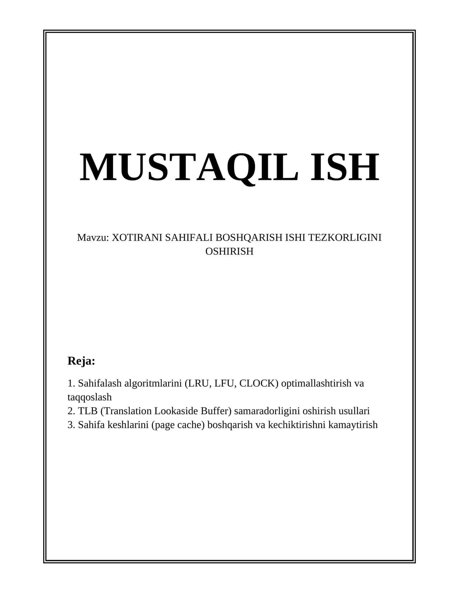 XOTIRANI SAHIFALI BOSHQARISH ISHI TEZKORLIGINI OSHIRISH