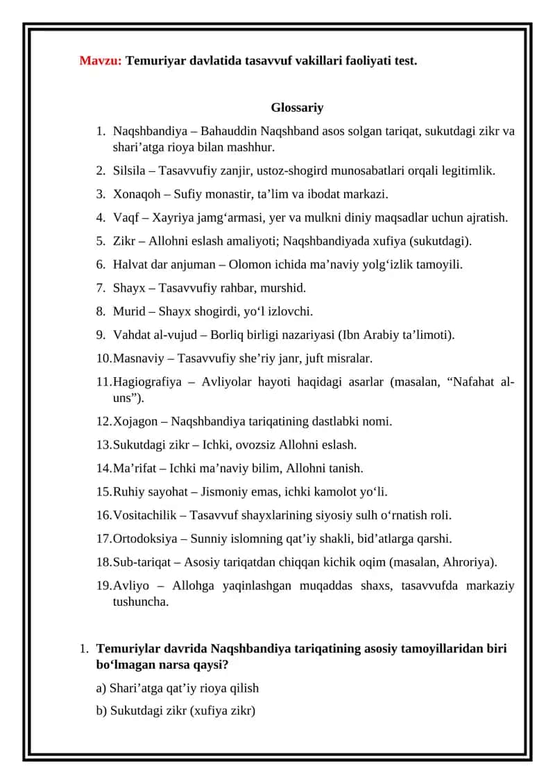 Temuriyar davlatida tasavvuf vakillari faoliyati test