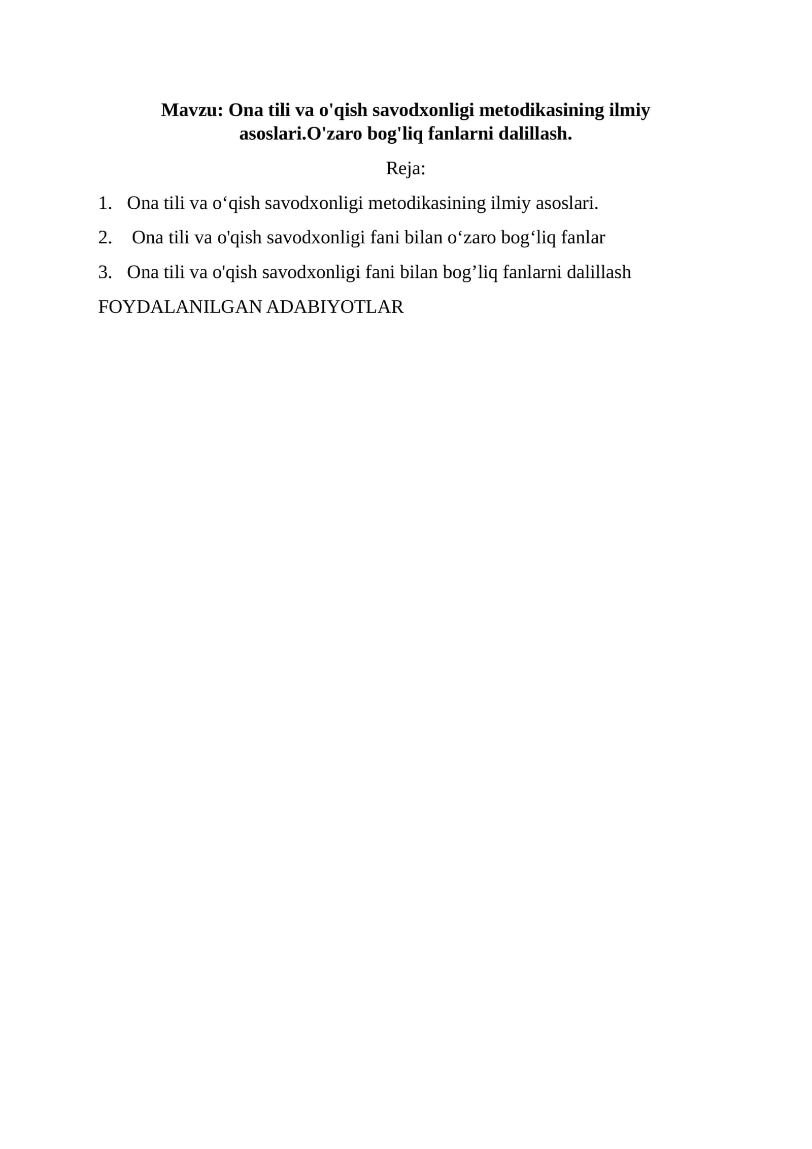 Ona tili va o'qish savodxonligi metodikasi