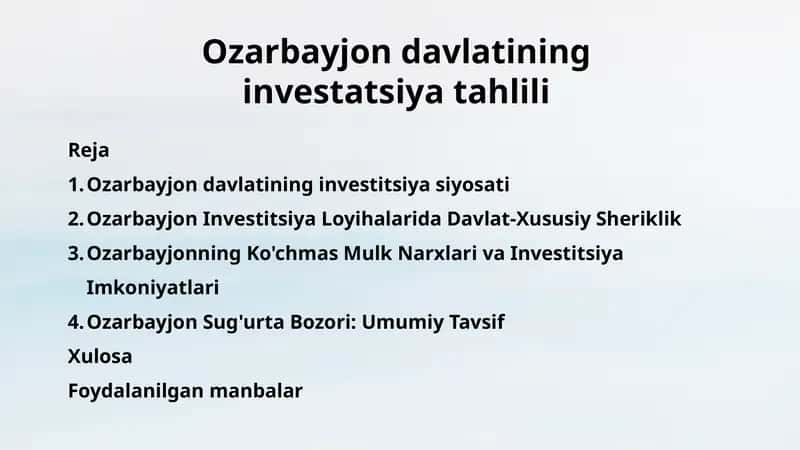 Ozarbayjon davlatining investatsiya tahlili.