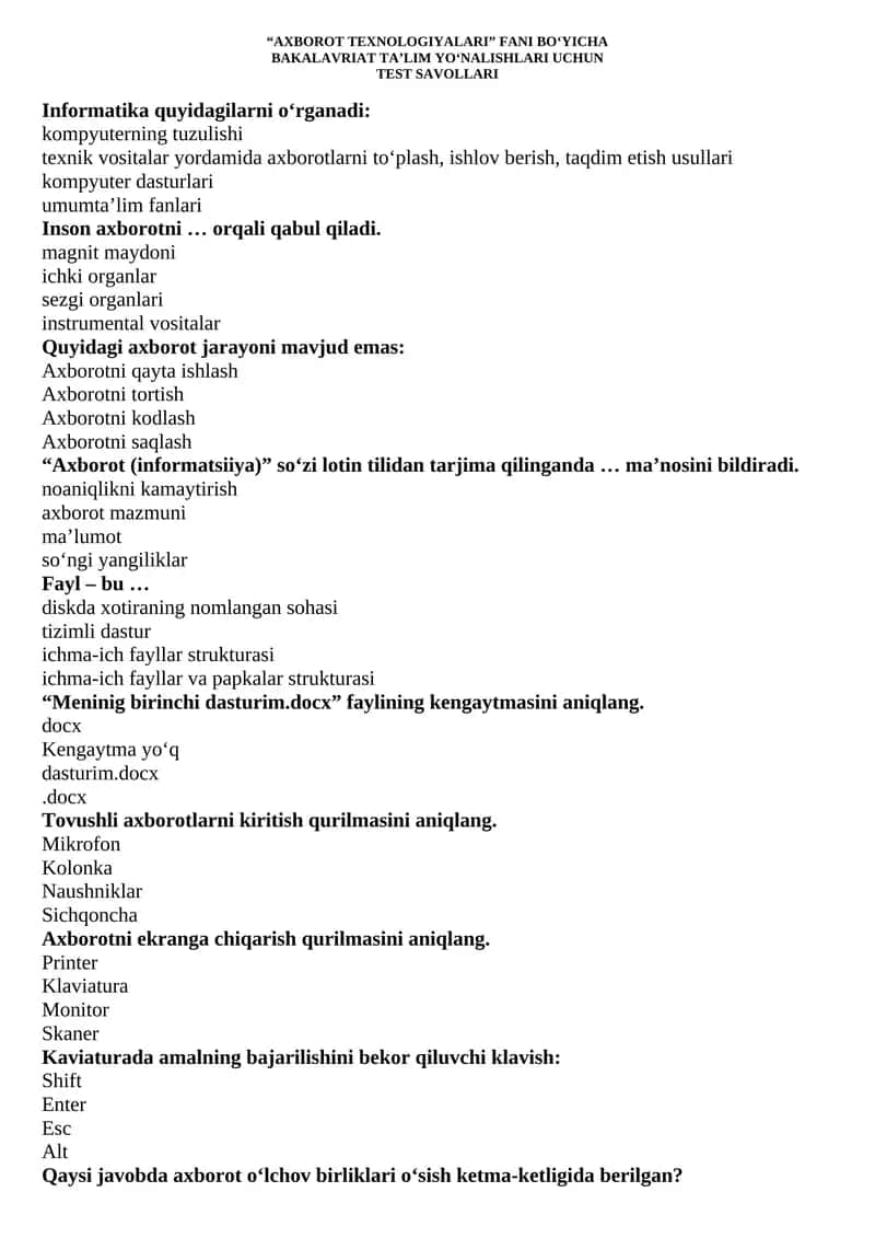 “AXBOROT TEXNOLOGIYALARI” FANI BO‘YICHA BAKALAVRIAT TA’LIM YO‘NALISHLARI UCHUN TEST SAVOLLARI