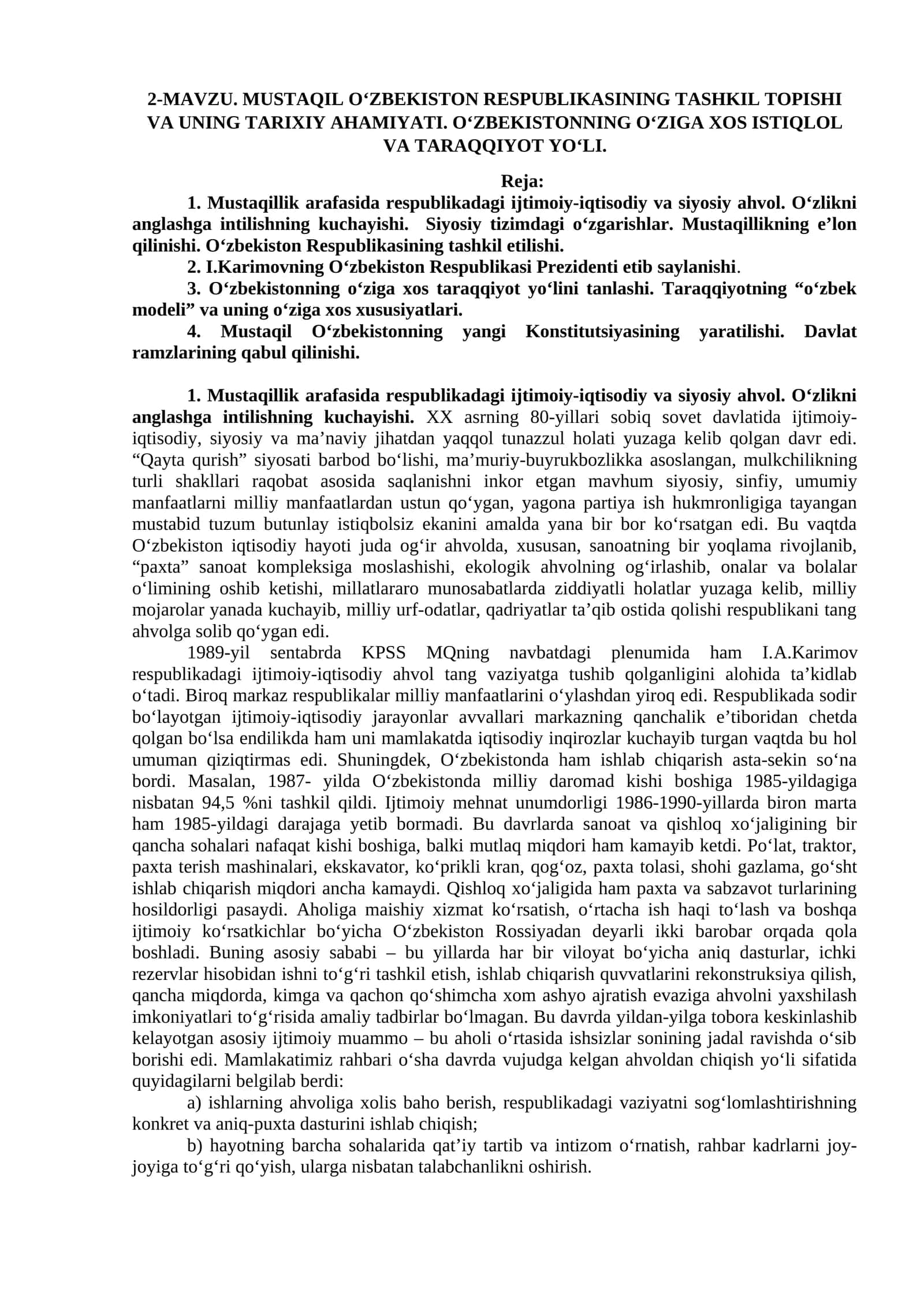 MAVZU. MUSTAQIL O‘ZBEKISTON RESPUBLIKASINING TASHKIL TOPISHI VA UNING TARIXIY AHAMIYATI