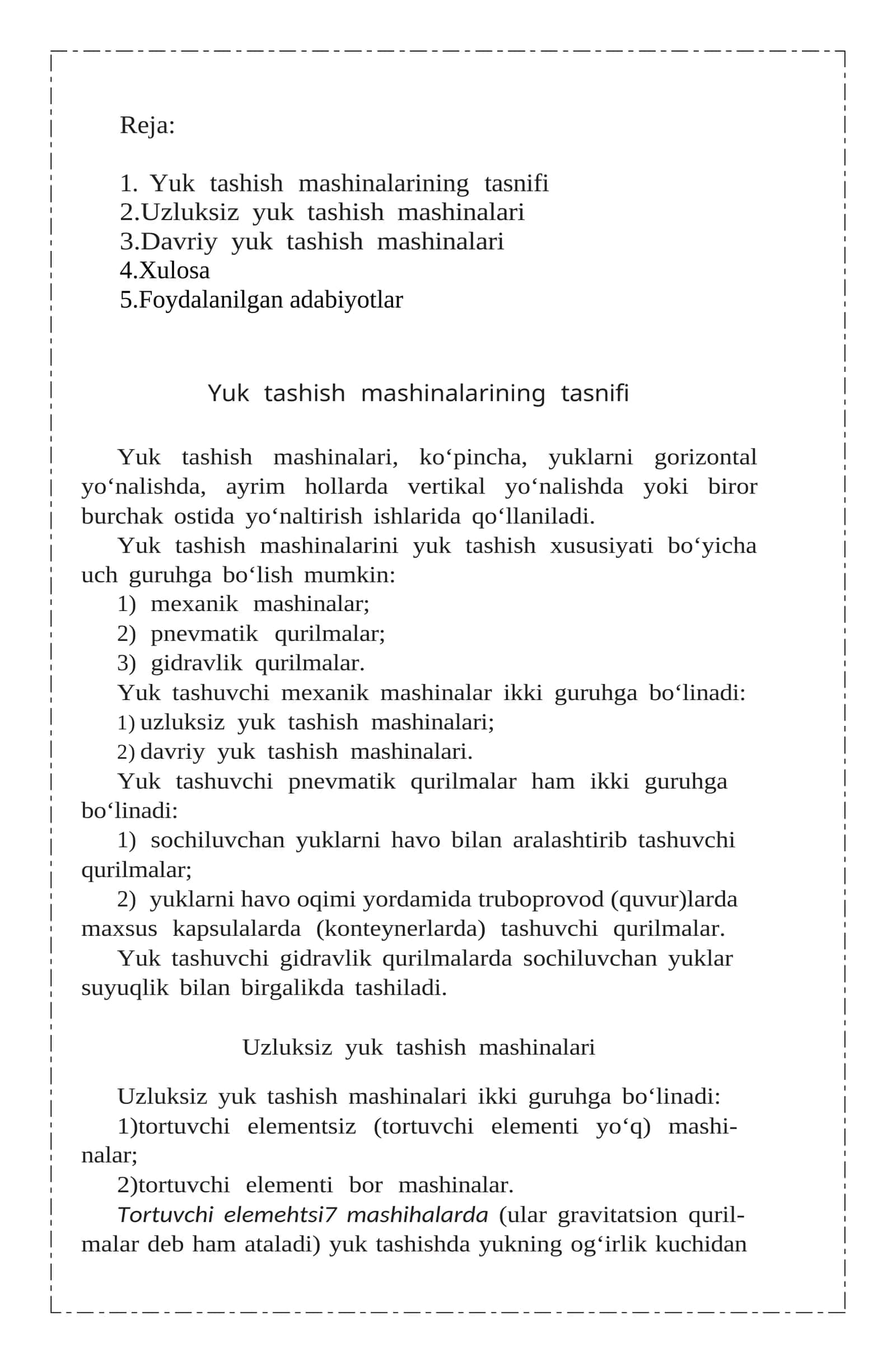 Davriy tashuvchi transport mashinalari