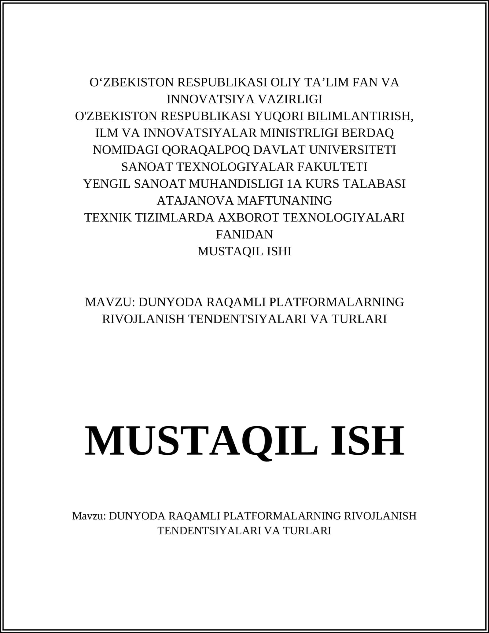 YENGIL SANOAT MUHANDISLIGI 1A KURS TALABASI ATAJANOVA MAFTUNANING