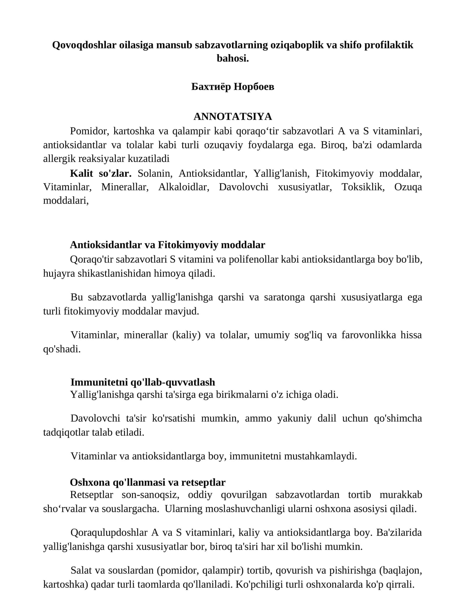 Qovoqdoshlar oilasiga mansub sabzavotlarning oziqaboplik va shifo profilaktik bahosi