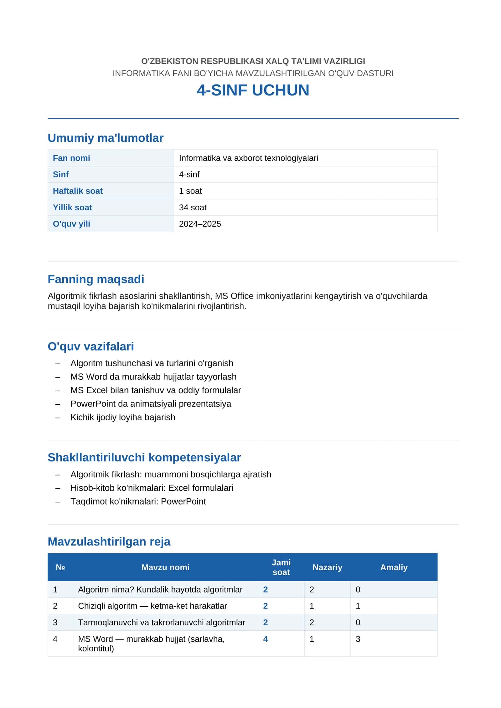 INFORMATIKA FANI BO'YICHA MAVZULASHTIRILGAN O'QUV DASTURI 4-SINF UCHUN