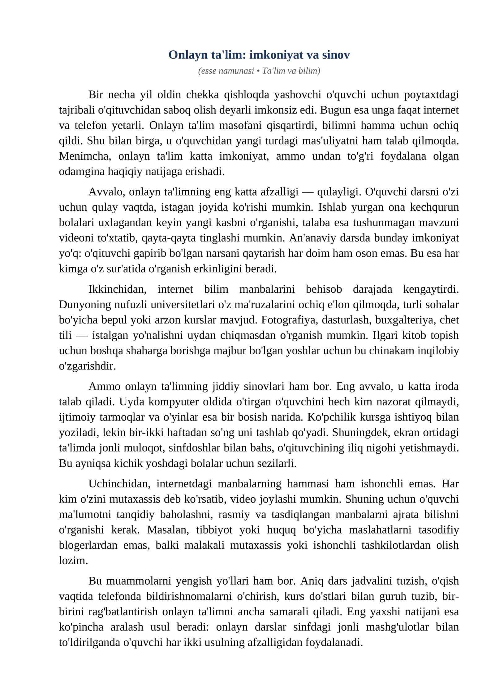 Esse Onlayn talim imkoniyat va sinov