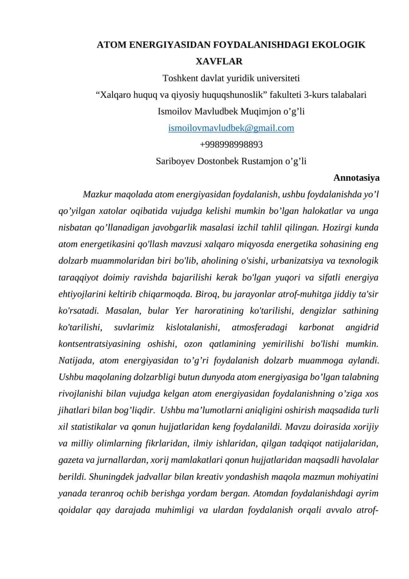 ATOM ENERGIYASIDAN FOYDALANISHDAGI EKOLOGIK XAVFLAR