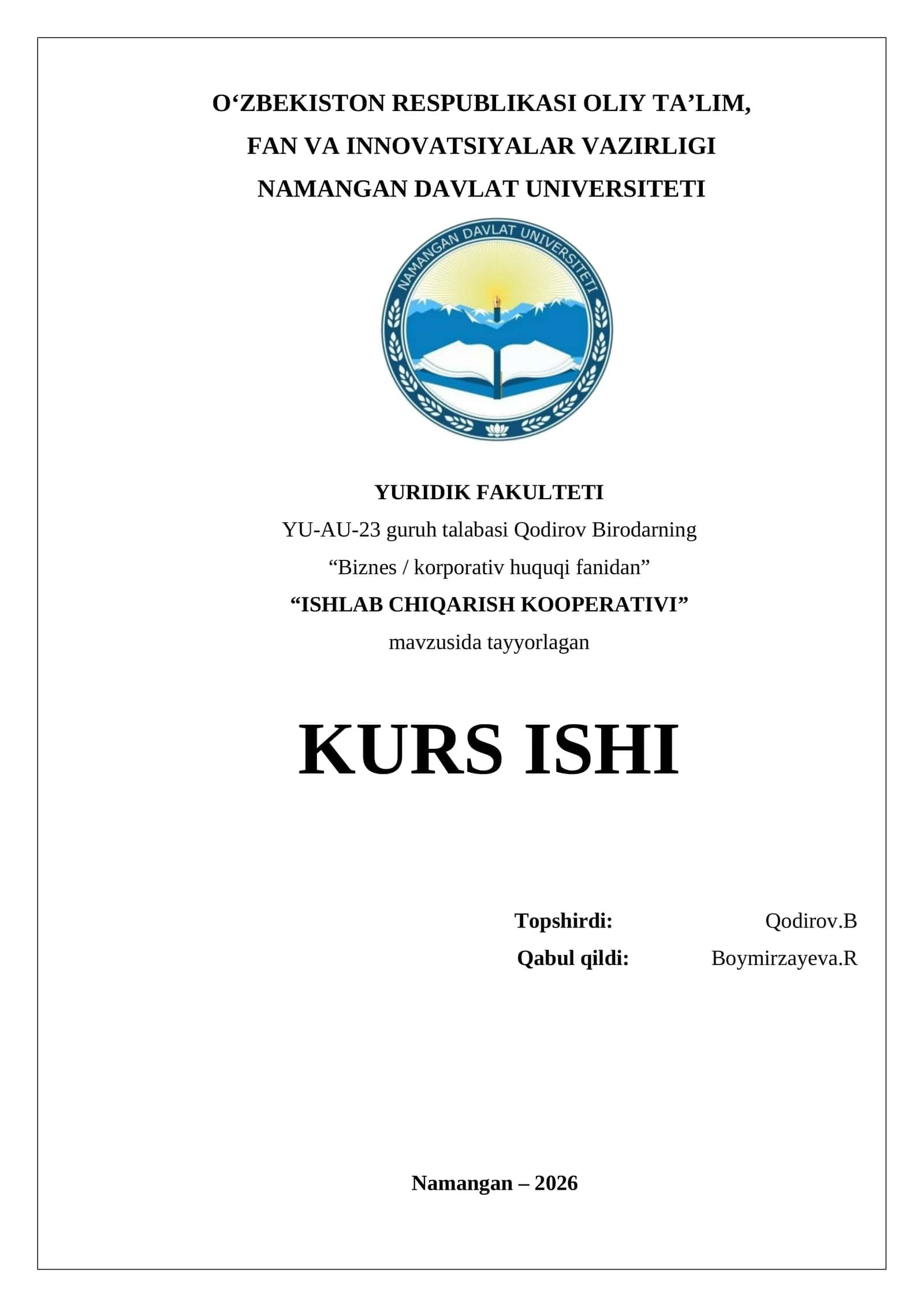 ISHLAB CHIQARISH KOOPERATIVI