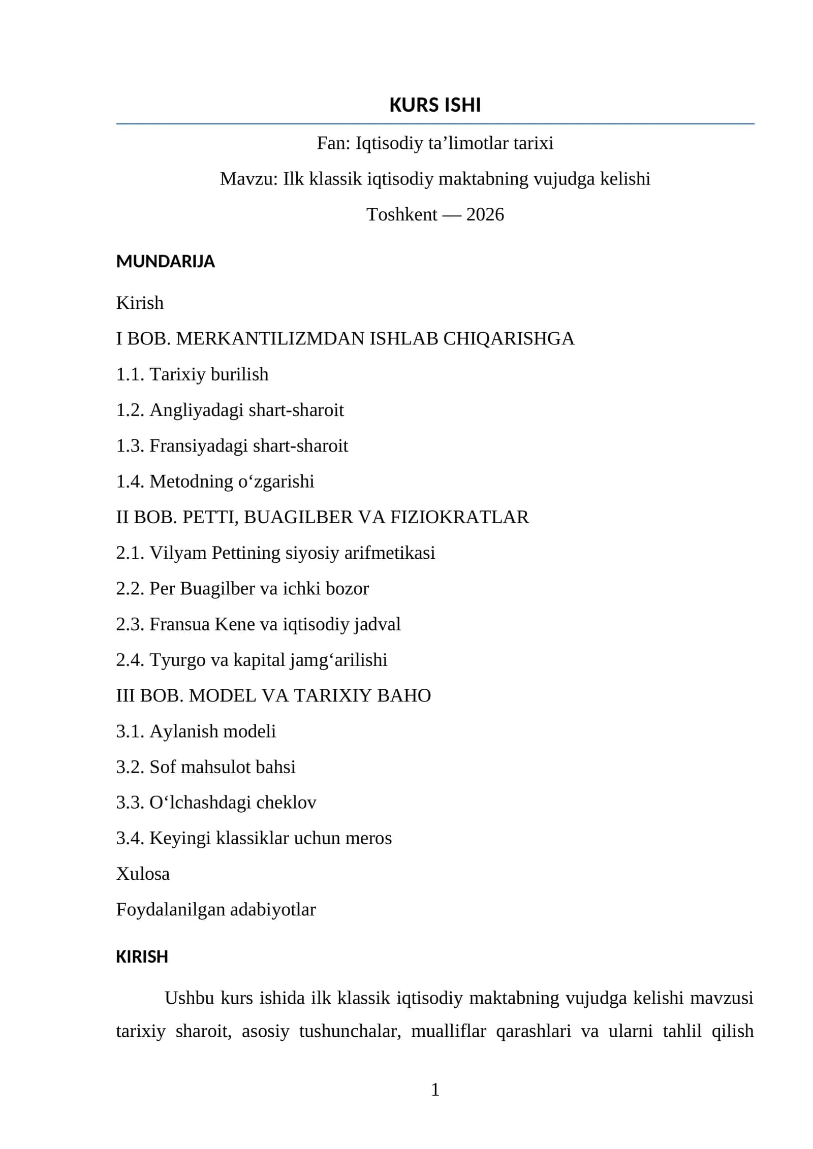 Fan: Iqtisodiy ta’limotlar tarixi