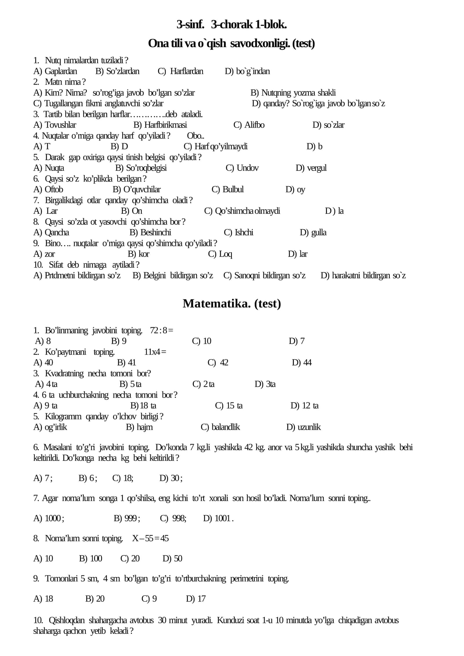 Ona tili va o`qish savodxonligi. (test)