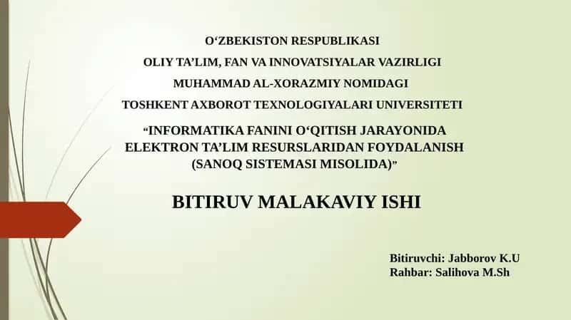 INFORMATIKA FANINI O‘QITISH JARAYONIDA ELEKTRON TA’LIM RESURSLARIDAN FOYDALANISH (SANOQ SISTEMASI MISOLIDA)
