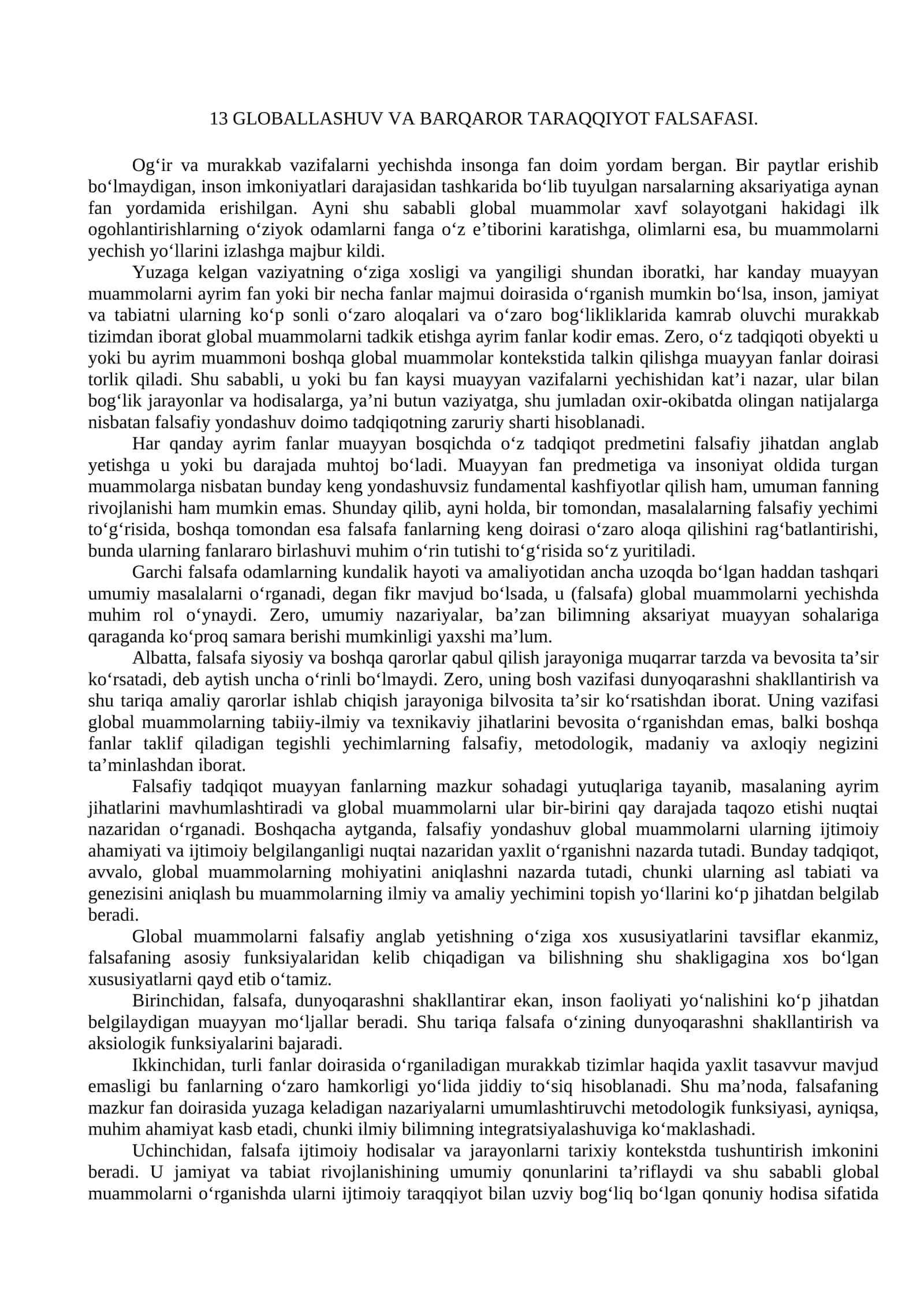 GLOBALLASHUV VA BARQAROR TARAQQIYOT FALSAFASI