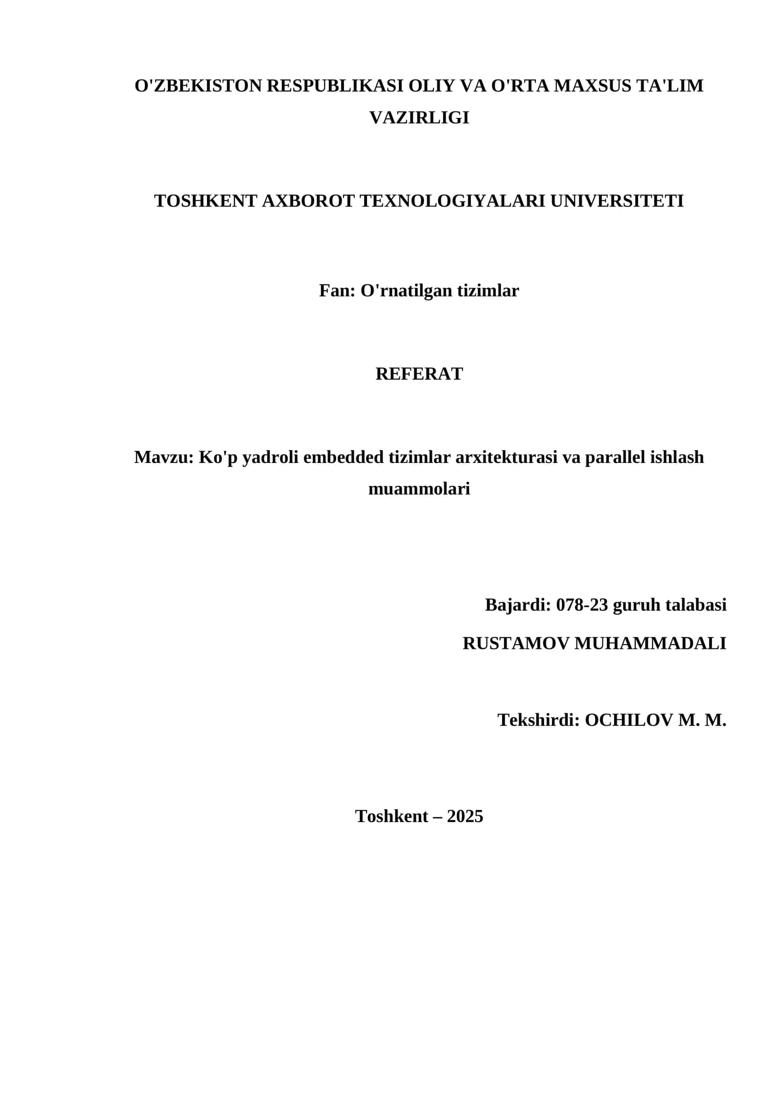 Ko'p yadroli embedded tizimlar arxitekturasi va parallel ishlash muammolari