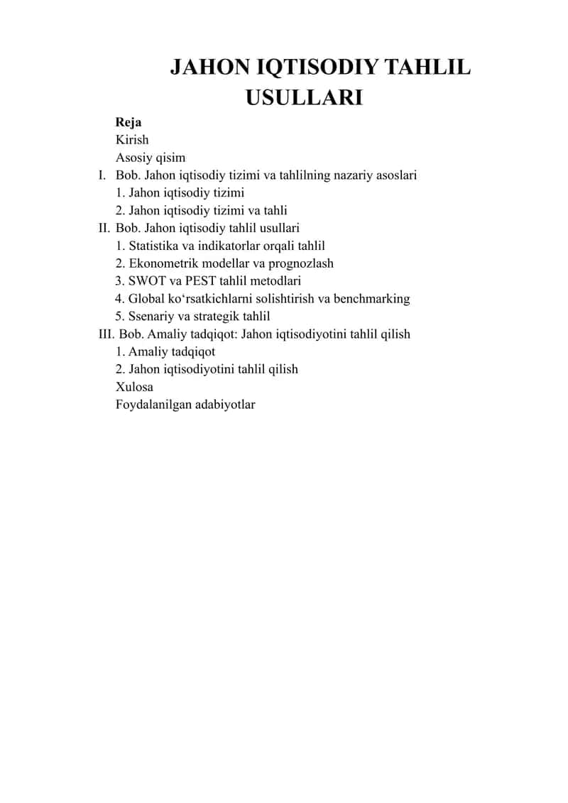 JAHON IQTISODIY TAHLIL USULLARI