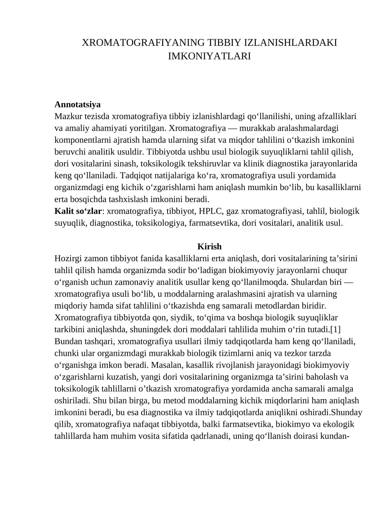Xramatografiyaning Tibbiy Izlanishlardagi Imkoniyatlari