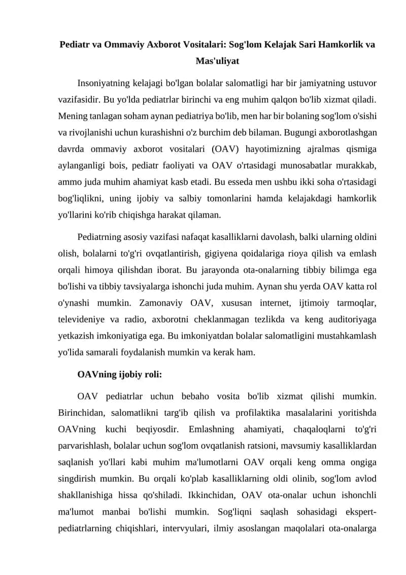 Pediatr va Ommaviy Axborot Vositalari
