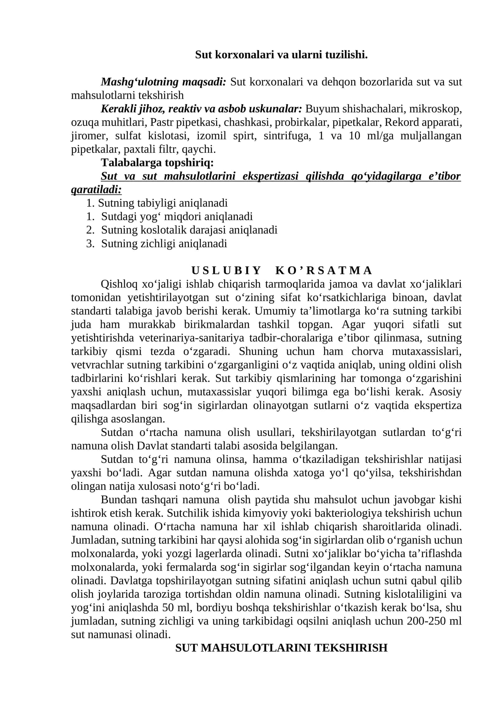 Sut va sut mahsulotlarini ekspertizasi