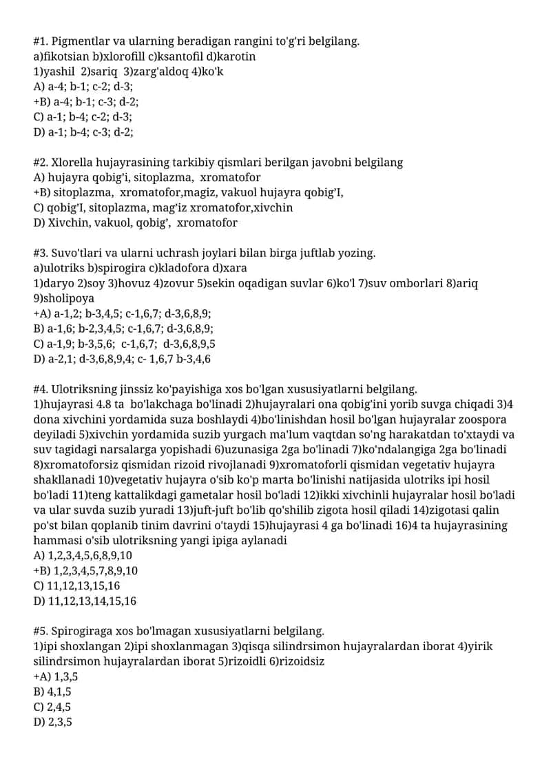 Pigmentlar va ularning beradigan rangini to'g'ri belgilang