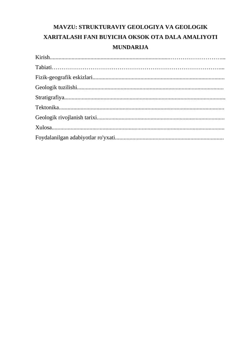 STRUKTURAVIY GEOLOGIYA VA GEOLOGIK XARITALASH FANI BUYICHA OKSOK OTA DALA AMALIYOTI
