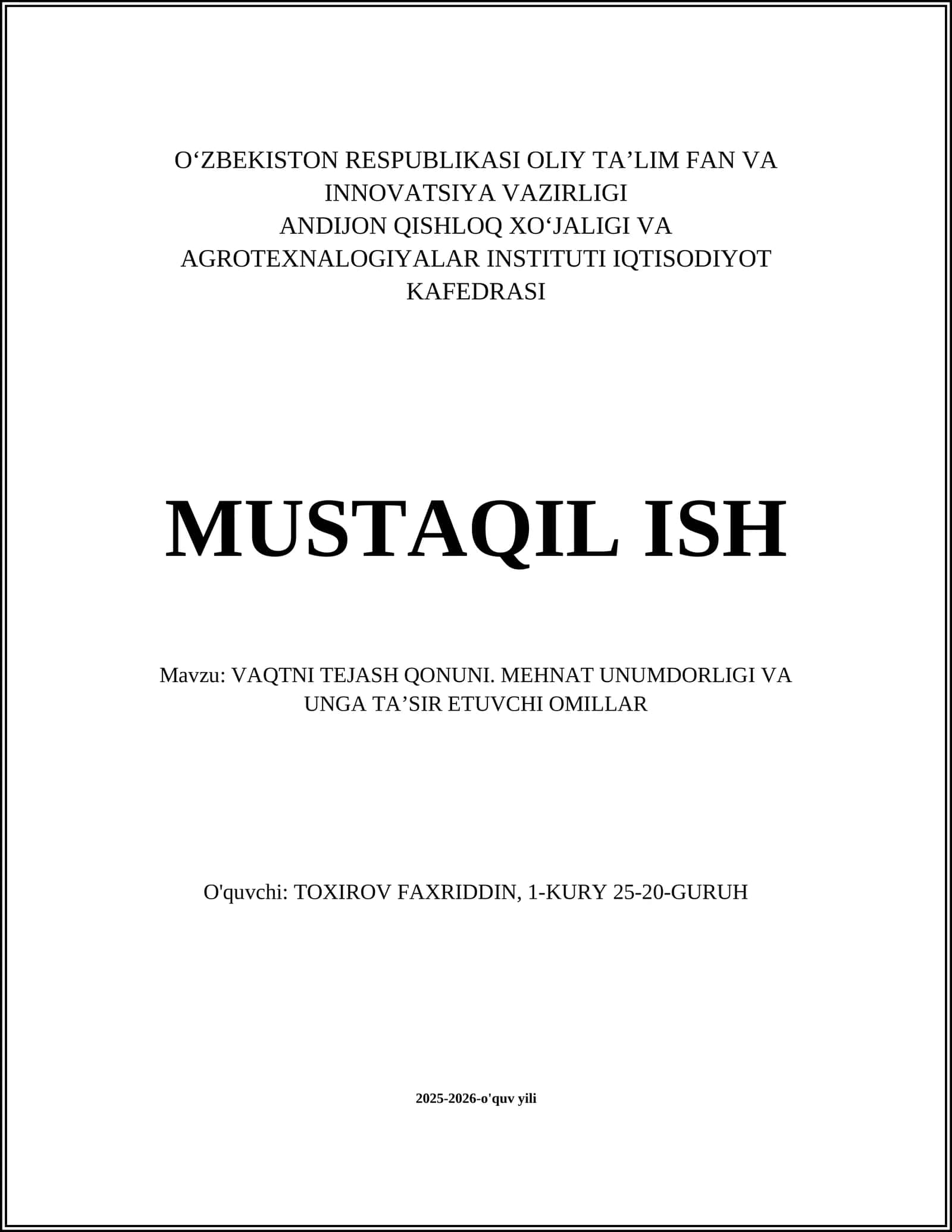 VAQTNI TEJASH QONUNI