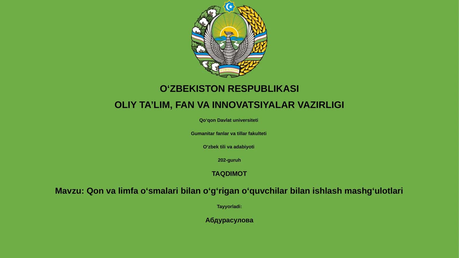 Qon va limfa oʻsmalari bilan oʻgʻrigan oʻquvchilar bilan ishlash mashgʻulotlari