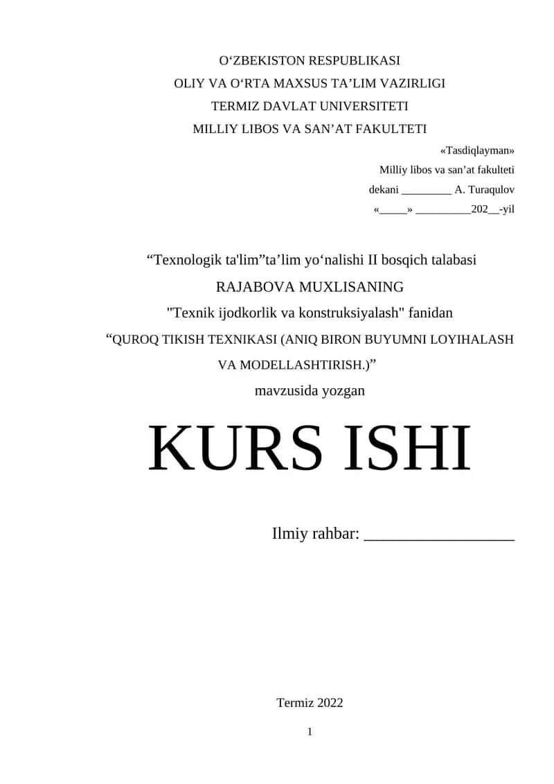 QUROQ TIKISH TEXNIKASI (ANIQ BIRON BUYUMNI LOYIHALASH VA MODELLASHTIRISH)