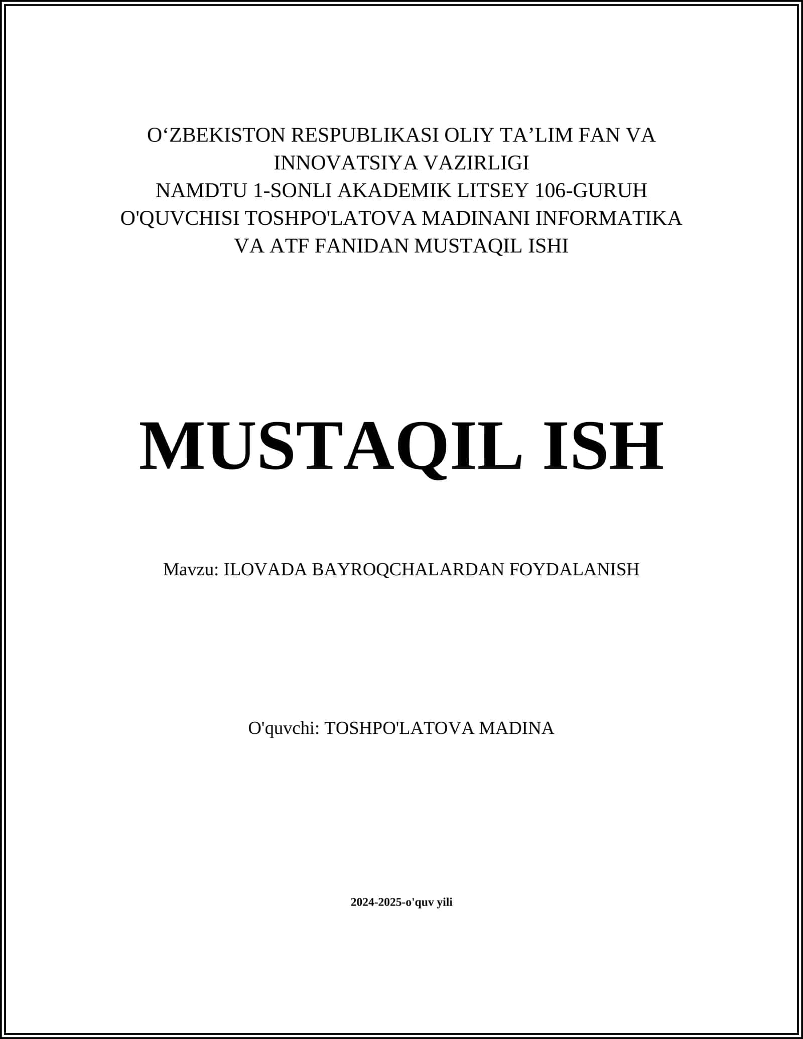ILOVADA BAYROQCHALARDAN FOYDALANISH
