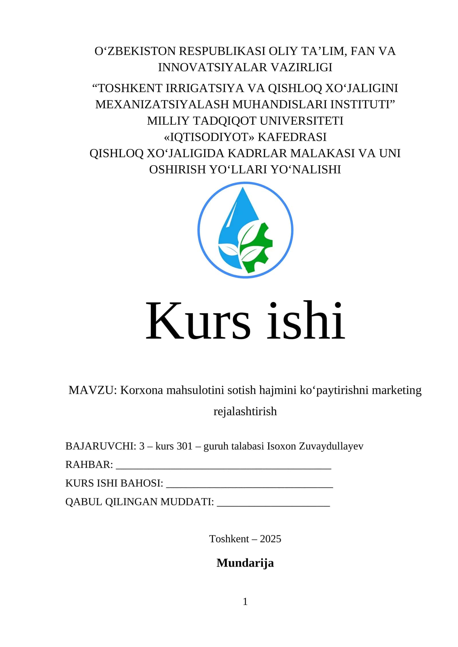 Korxona mahsulotini sotish hajmini koʻpaytirishni marketing rejalashtirish