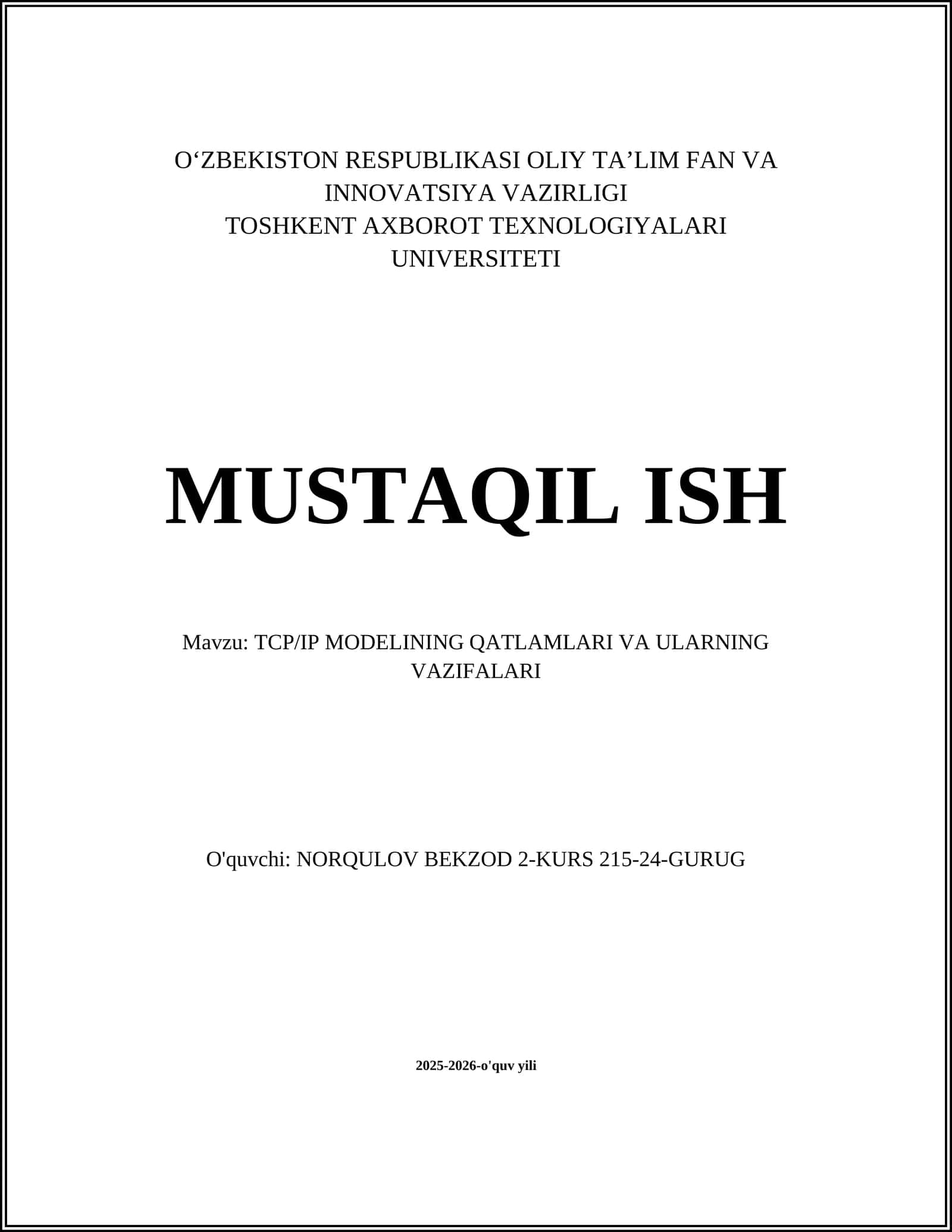 TCP/IP MODELINING QATLAMLARI VA ULARNING VAZIFALARI