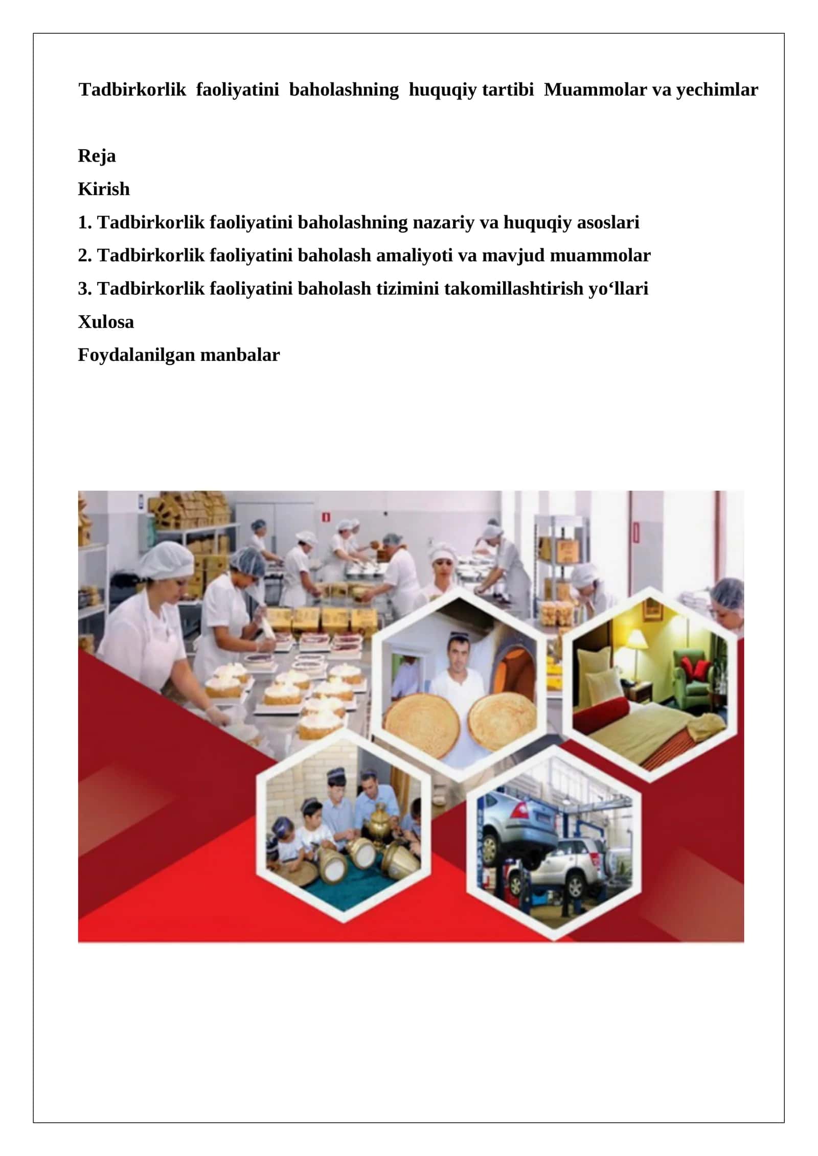 Tadbirkorlik faoliyatini baholashning huquqiy tartibi Muammolar va yechimlar