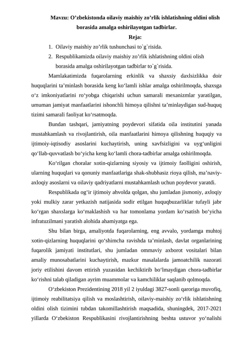 O’zbekistonda oilaviy maishiy zo’rlik ishlatishning oldini olish borasida amalga oshirilayotgan tadbirlar