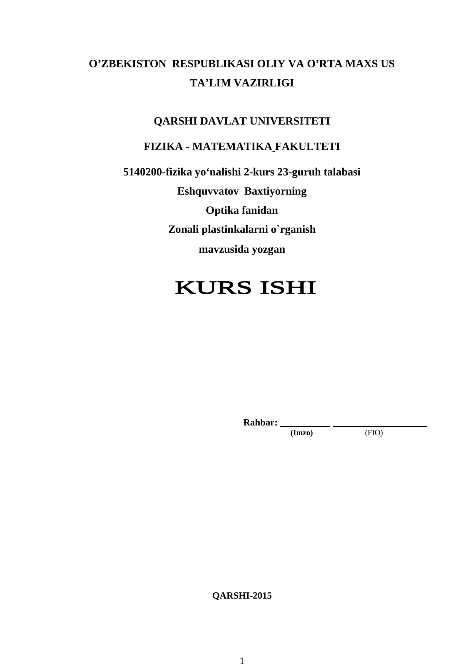 Optika fanidan Zonali plastinkalarni o`rganish