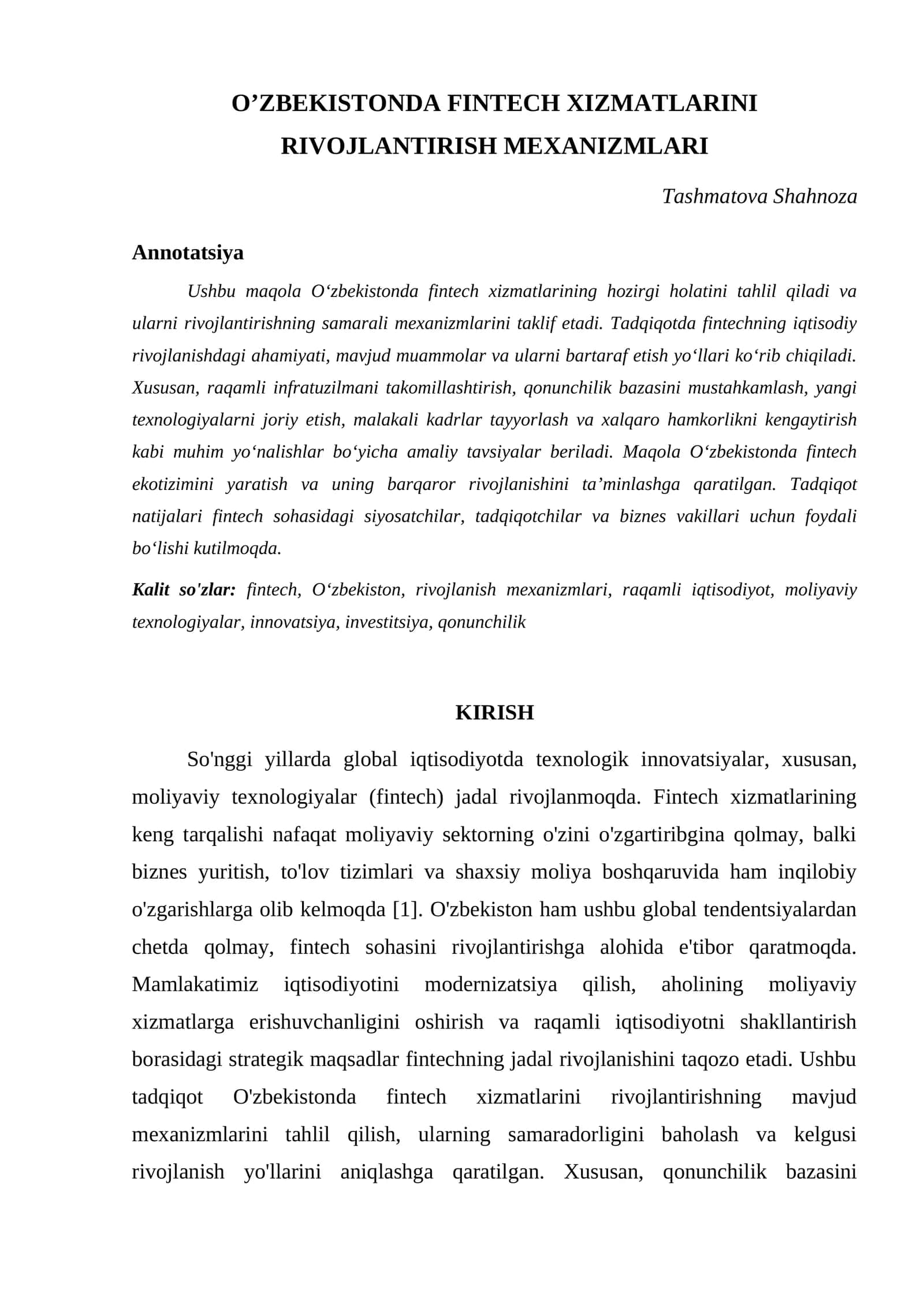 O’ZBEKISTONDA FINTECH XIZMATLARINI RIVOJLANTIRISH MEXANIZMLARI